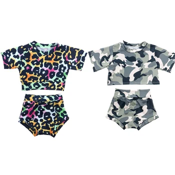 

Toddler Baby Girl Leopard/Camo Printed Clothes Sets Summer Short Sleeve Round Neck T-shirt High Waist Pants Outfit Tracksuit Set