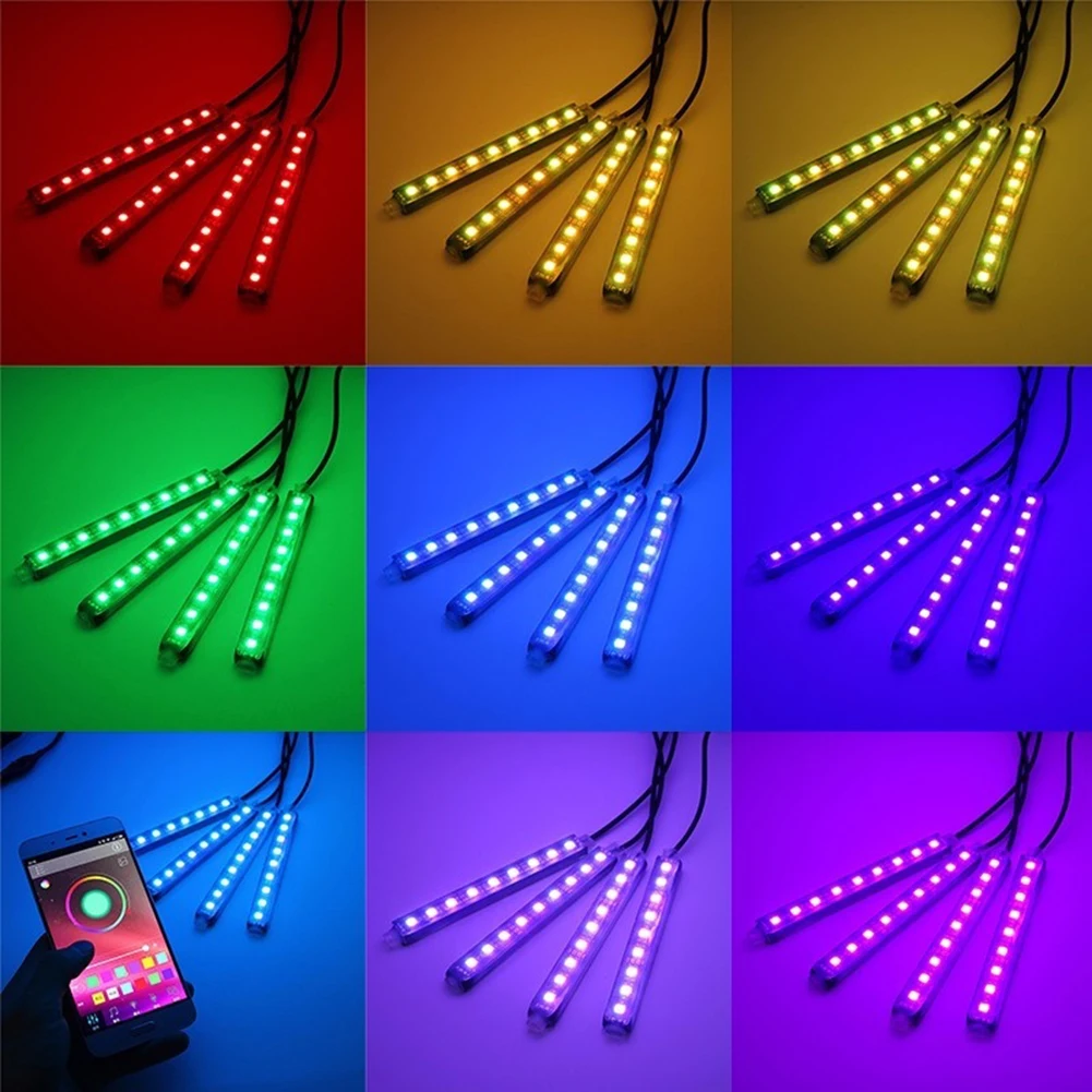 4 полосы RGB многоцветный светодиодный светильник для салона автомобиля приложение/пульт дистанционного управления
