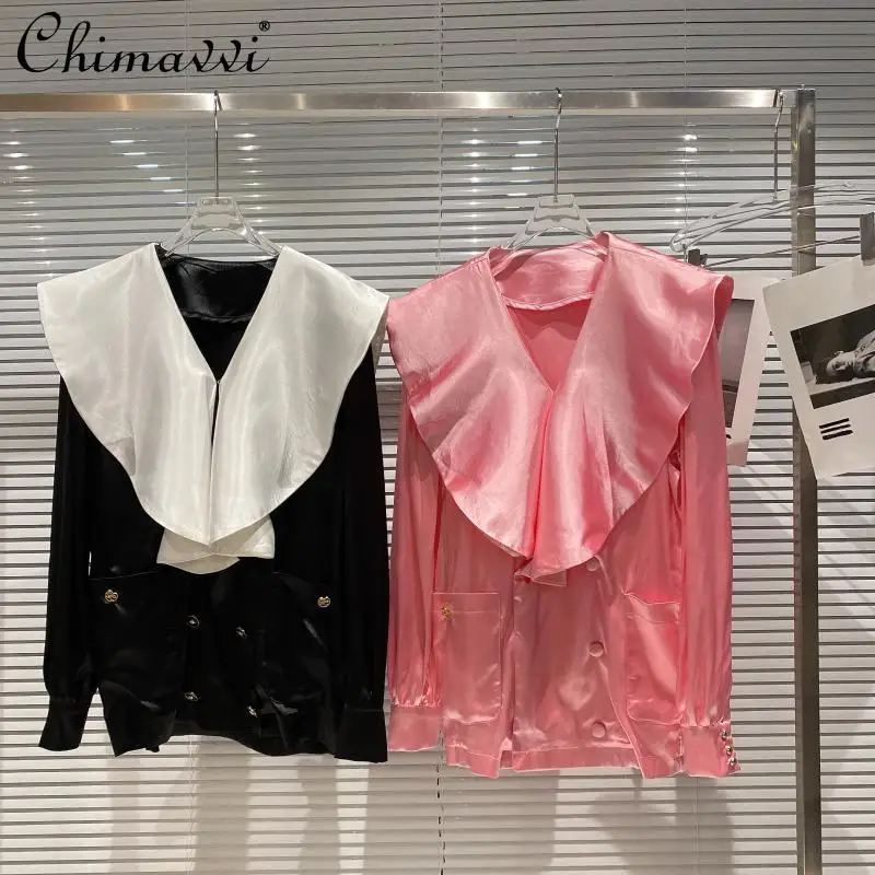 2021 Fall New Fashion Lotus Collar Double Pocket Thin Mercerized Cotton Long Sleeve Coat Loose Elegant Sweet Tops for Women | Женская