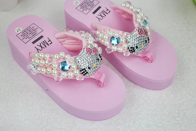 Leisure Shoes Online Lady Sewing Pearl Womens Beach Slippers Fashion High Heel Platform Wedge Flip Flops54