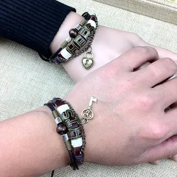

New Couple Bracelet A Pair of Students' Leather Exotic Hand-woven Lock Key Tourist Souvenir Jewelry Display Affection Individual