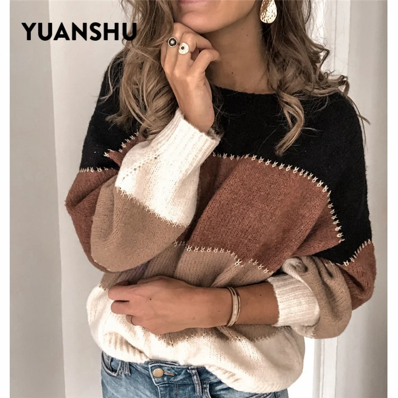 Najtaniej YUANSHU patchworkowy w stylu casual seksowna dzianina sweter kobiety wiosna jesień luźne paski topy Jumper biurowa, damska sweter oversize