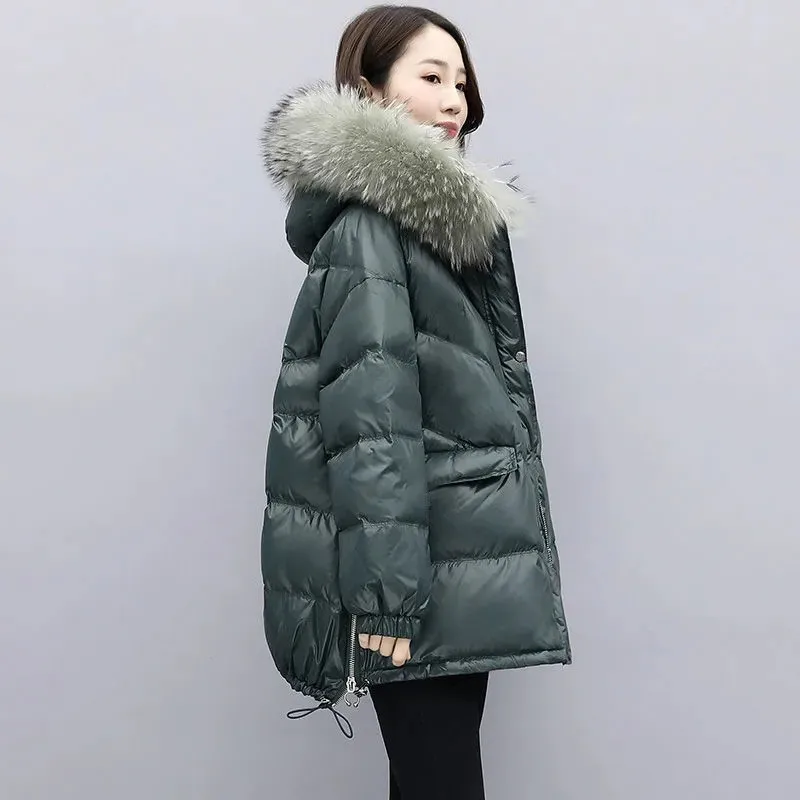 

Down Padded Jacket Female 2022 New Fashion Hooded Big Fur Collar Loose Outer Wear Purple Mid-length Cotton Coat Women JD2139