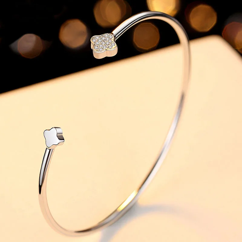 

Jewelry Gift for Mother Romantic Bangle Clover Lucky Shiny CZ 100% 925 Sterling Silver Bangle Sexy Girls Dating Wearing