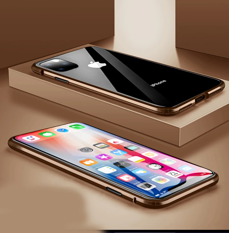 Двусторонний 360 градусов Магнитный адсорбционный стеклянный чехол для iphone 11 11 Pro MAX чехол для телефона - Цвет: Gold