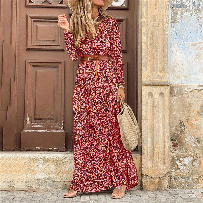 

Bohemian Women's Dress Autumn Long-sleeved Round Neck Loose Clothing Female Casual Floral Long Dress Ladies Street Wear