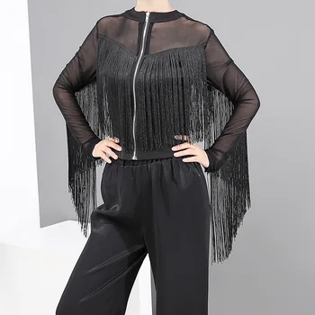 

Street Fashion Mesh Jacket Women See Through Tassel Black Short Coat Female Outerwear Coats Spring Summer Women's Short Top