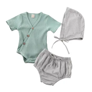 

2020 Baby Summer Clothing Infant Baby Cotton Romper 3Pcs Outfit Ribbed Sleeveless V Neck Romper Tops Striped Short Pants Cap Set