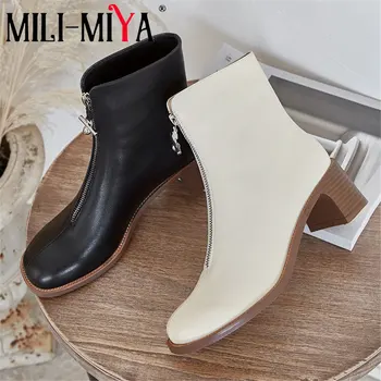 

MILI-MIYA Women Black Ankle Boots Genuine Leather Winter Short Plush Round Toe Zippers High Heels Female Riding Party Shoe