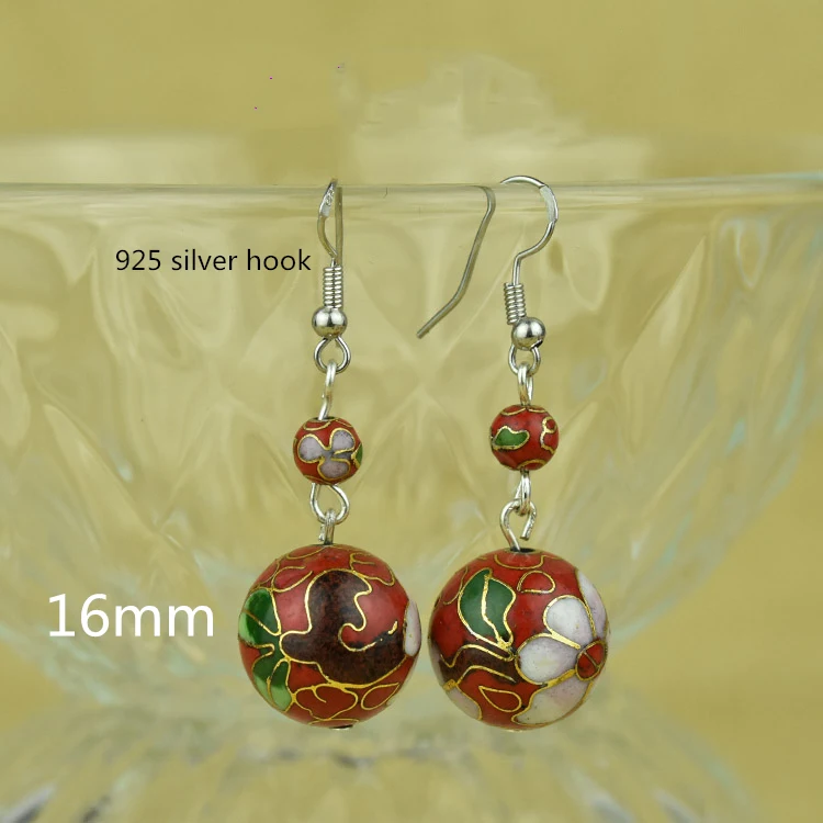 

Handmade Polished Cloisonne Filigree Colorful 16mm Beaded Earrings Enamel Eardrop Jewelry 925 Silver Ear Hook Dangle Accessories