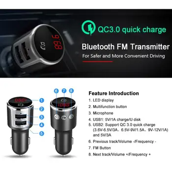 

Hot QC3.0 Dual USB Charge Car Bluetooth FM Transmitter Wireless Radio Adapter Music MP3 Player Car Kit Hands Free Calls