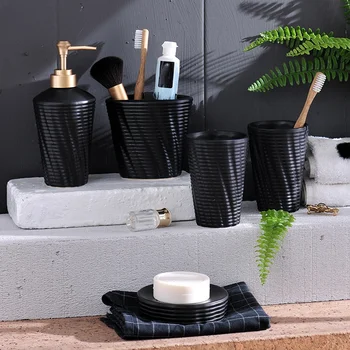 

Promotion! Nordic Bathroom Black Five-Piece Bathroom Ceramic Wash Set Bathroom Mouth Cup Toothbrush New Wedding Supplies