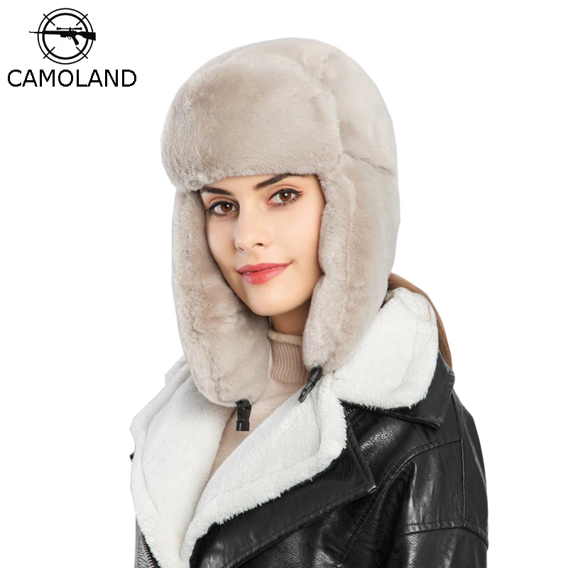 

CAMOLAND Women Russian Winter Hat Ushanka Bomber Hats For Mens Aviator Outdoor Ear Flaps Cap Faux Rabbit Fur Trapper Caps