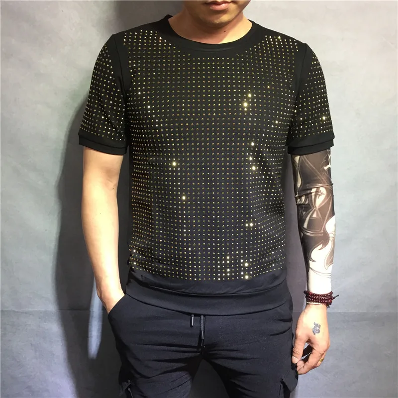 

Spring Summer Plus Size T-shirt Women and Men New Gold Rhinestone Round-Neck Full Diamond Short Sleeve Loose T-shirt Men's Tee