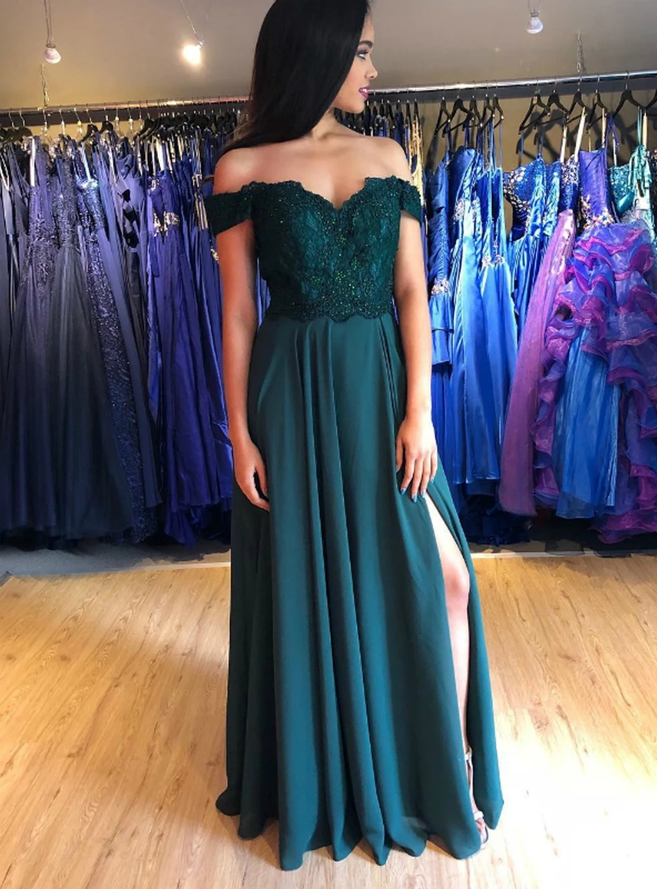VKbridal ТРАПЕЦИЕВИДНОЕ зеленое шелковое платье с открытыми плечами аппликация вечернее платье с боковыми Разделение Соблазнительная официальная обувь для выпускного вечера вечерние платья