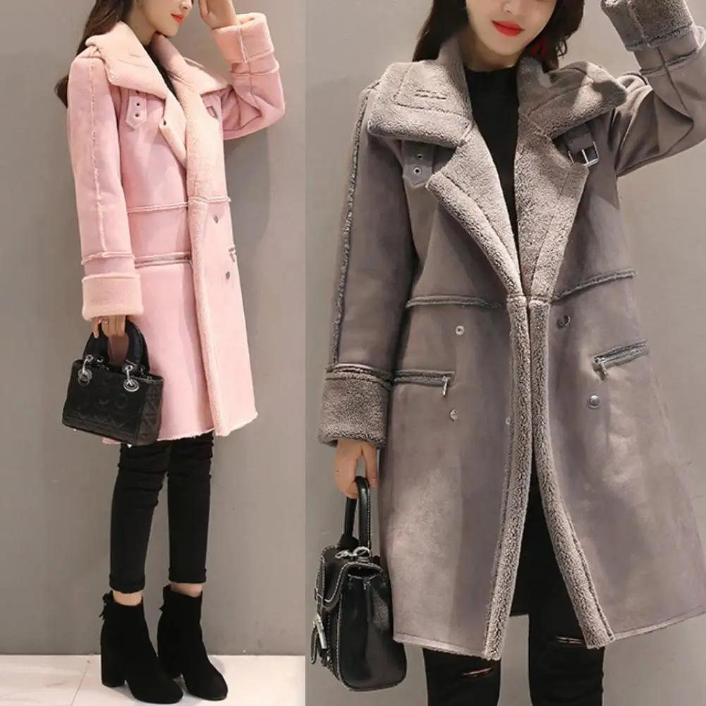 Женское зимнее теплое флисовое пальто средней длины с воротником с лацканами и длинным рукавом, свободная верхняя одежда, двубортное винтажное пальто