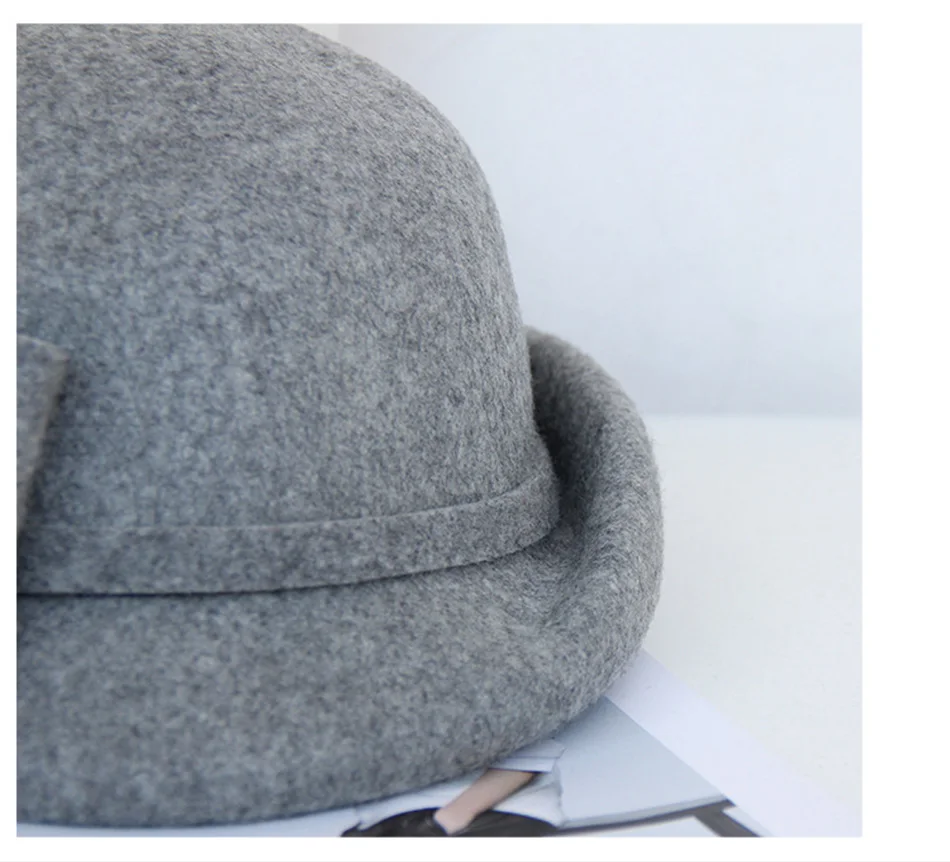 FS Роскошные шерсть фетр Fedora Осень Шапки для женщин дамы церкви Дерби партии Элегантный Зимняя шляпа с бантом серый Chapeau клош