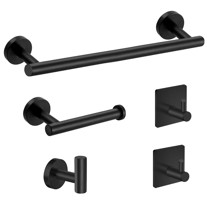 

Hot 5-Pieces Matte Black Bathroom Hardware Set Stainless Steel Round Wall Mounted - Includes 12 Inch Hand Towel Bar, Toilet Pape