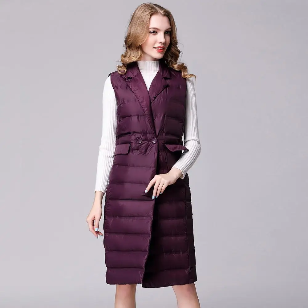 

Autumn Women Knee Length Duck Vests Slim Down Padded Parkas Female Sleeveless Jackets Waistcoats Outerwear VT-254