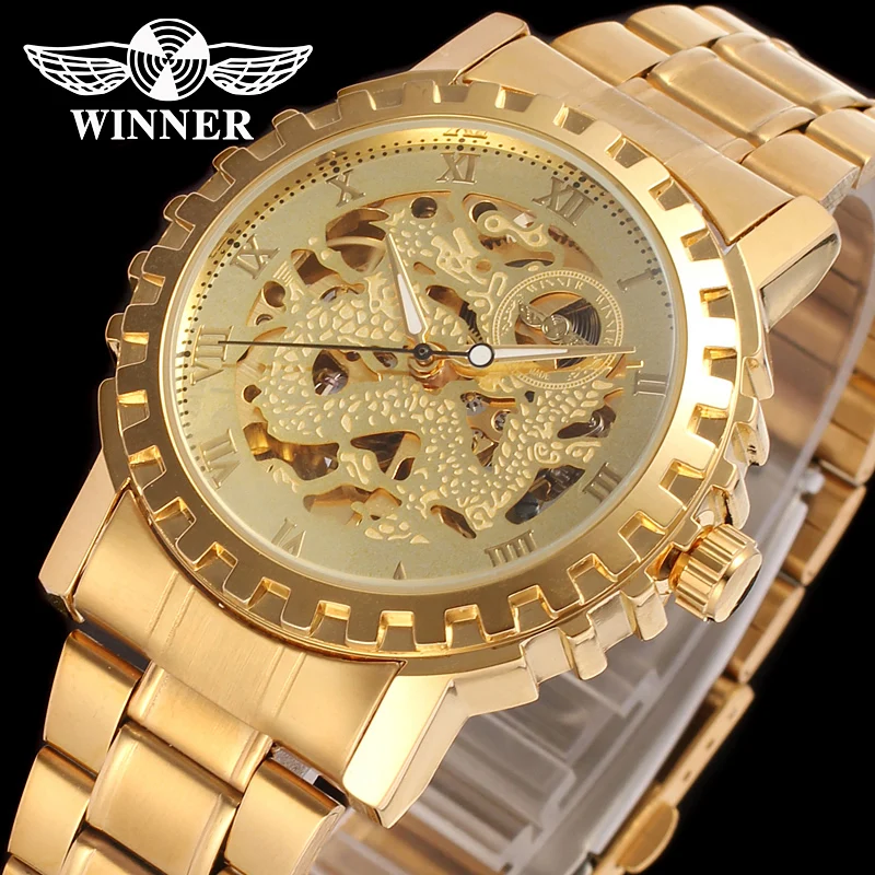 

Factory Cheap Price Winner Gold Skeleton Automatic Mechanical Watch for Men Transparent Thin Case Hollow Men Luminous Watch