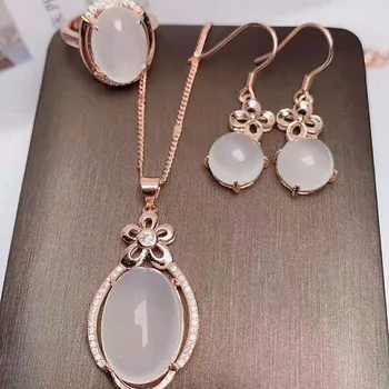 

Jade ice seed Pendant 925 Silver Necklace Chain Earrings Ring agate suit