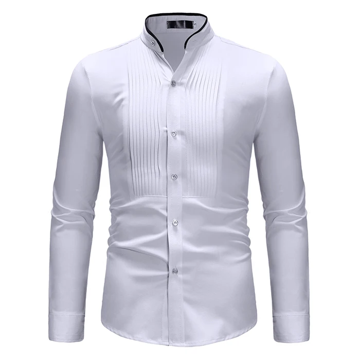 Men shirt long sleeve cotton fashion simple Fitness Solid color Stand collar shirt Male casual pleated long sleeve shirt Clothes