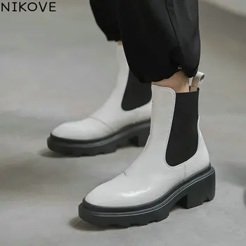 

NIKOVE 2021 Square High Heel Ankle Boots Autumn Winter Round Toe Slip on Short Boots Quality Sheepskin Women Shoes Size 34-39