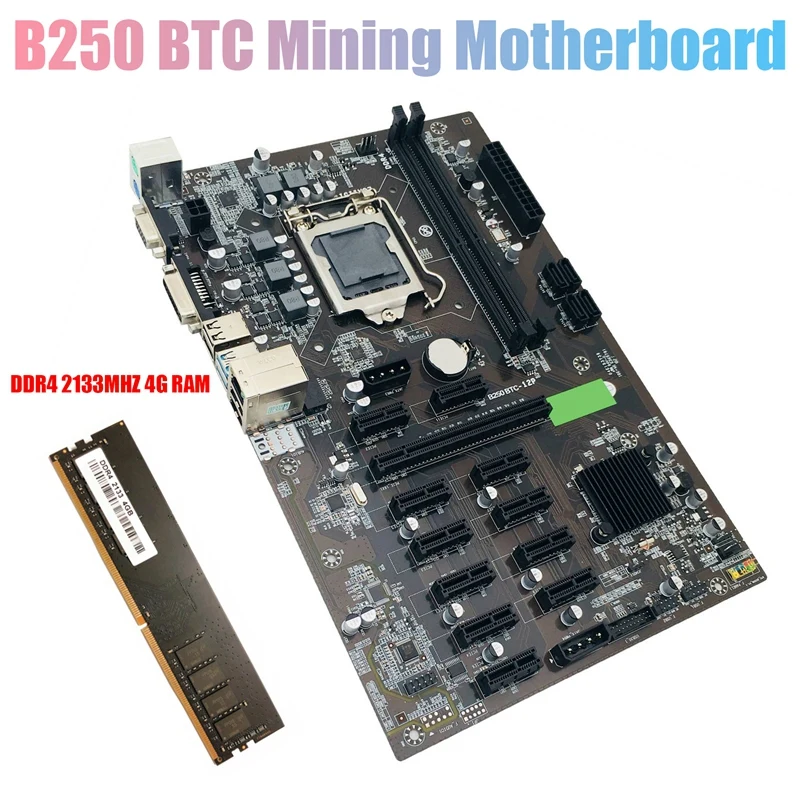 B250 BTC Mining Motherboard with DDR4 4GB 2133Mhz RAM LGA 1151 12XGraphics Card Slot USB3.0 SATA3.0 for Miner | Компьютеры и офис