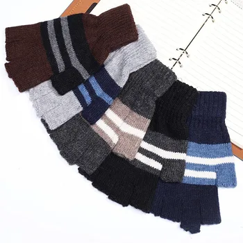 

2020 Winter Men's Half-finger Warm Knitted Gloves Wool Half-finger Magic Gloves Thick Stripes Wavy Pattern Wholesale