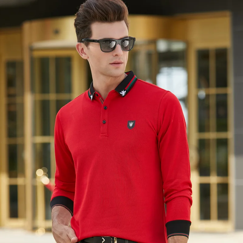 3D Embroidery Polo Shirt Fashion Long Sleeve Polo Shirt New Arrivals Male cotton Casual Business Homme 8911 - Цвет: 8911 red