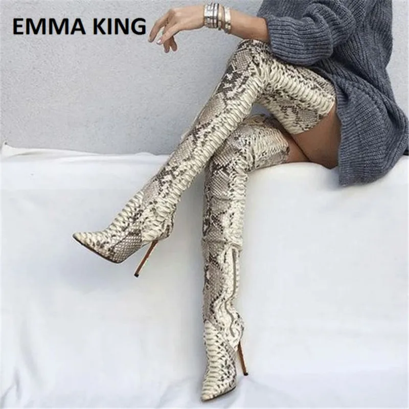 

Sexy Pointed Toe Stiletto Heel Serpentine Thigh High Boots Pointed Toe Thin Heels Thigh High Boots Plus Size Women Leather Boots