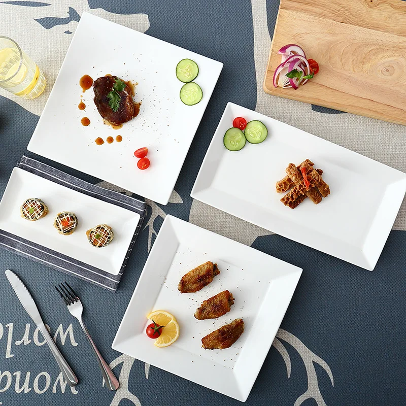 

Plates Ceramic Western Food Hotel Steak Plate Creative Square Plate Nordic Pure White Household Rectangular Dish