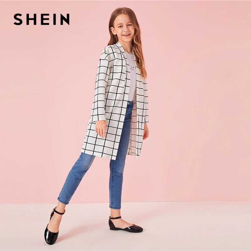 buy SHEIN Kiddie White Plaid Print Girls Open Front Long Coat Kids Clothes 2019 Autumn Long Sleeve Casu