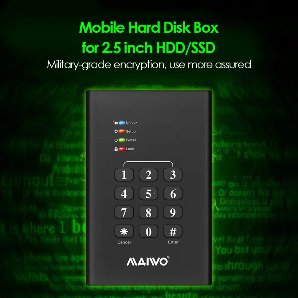 MAIWO K2568KPA HDD SSD Case with Light 2.5 inch SATA III II to USB 3.0 AES256 Password Encryption External Hard Drive Enclosure external hdd enclosure