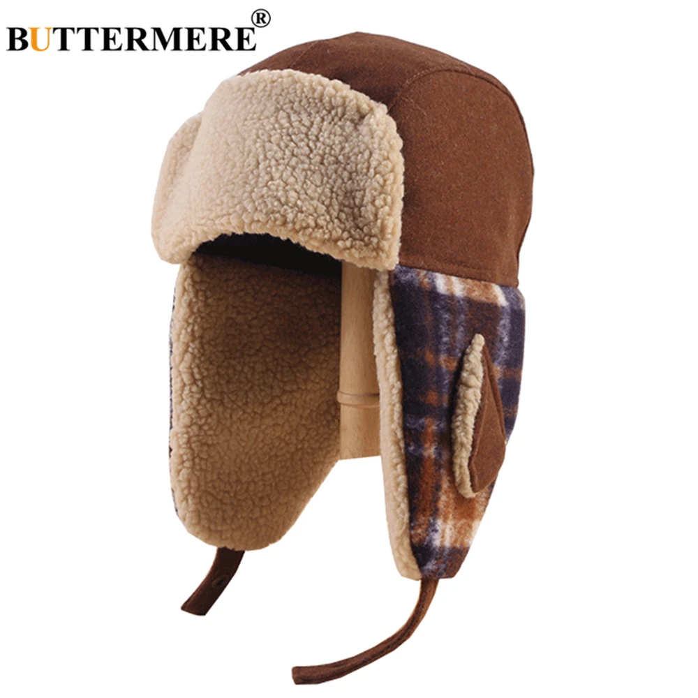 

BUTTERMERE Winter Bomber Hat Women Lamb Ushanka Russian Hat Plaid Patchowrk Outdoor Cycling Female Khaki Trapper Hat Ear Flap