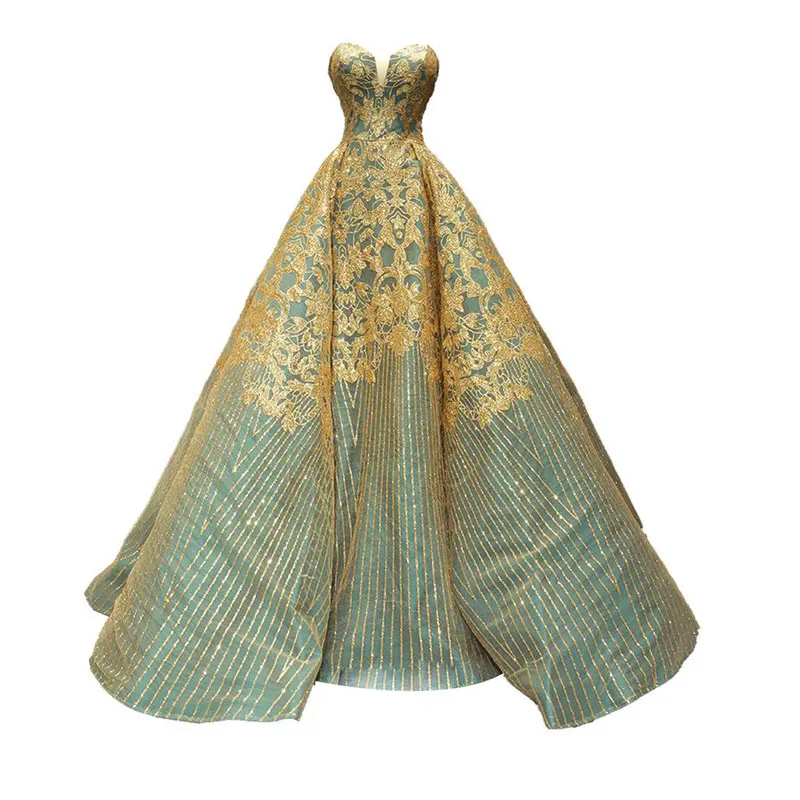 

Elegant Luxury Gold-Appliqued Sequins Dancing Prom Ball Gowns Sleeveless Backless Sweetheart Ruffled Evening Formal Dress