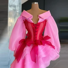 

New Arrival Pink Prom Dresses With Lace-up Corset Side Split Tulle Women Evening Gowns For Pageant Ruffles Train
