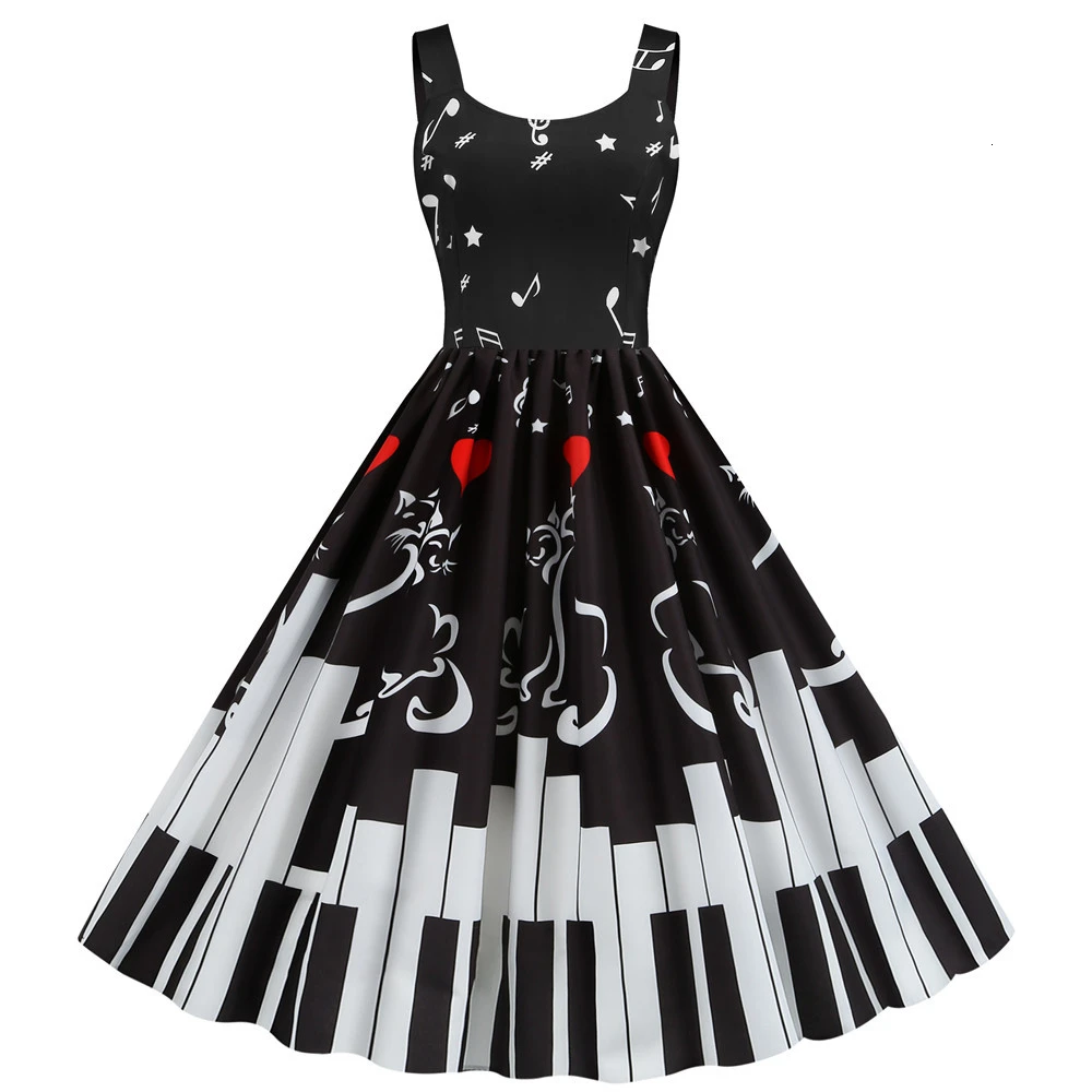 Music Note Heart Print Summer Dress 2020 Fashion Sleeveless Tank Vintage Rockabilly Valentines Party Dresses Swing A-Line Black | Женская