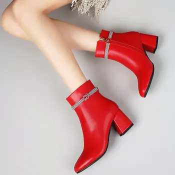 

Exquisite Quality Big Size 43 Split Leather Elegant Square High Heels Office Ladies Ankle Boot Winter Boots Shoes Women