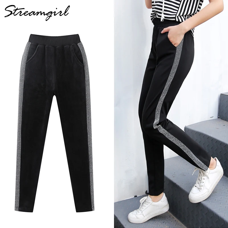 

Warm Sweatpants Women Winter Pants With Stripes To The Side Woman Velvet Striped Harem Pants Winter Trousers Women Striped Warm