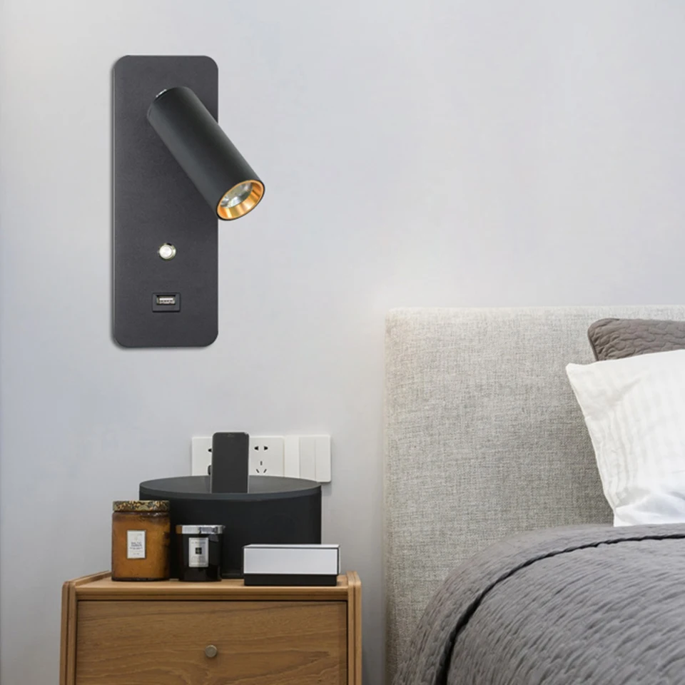 led indoor wall lamps with Switch USB Charge wall light 7W White  black   lighting For home Bedside Stairway Sconce luminaria