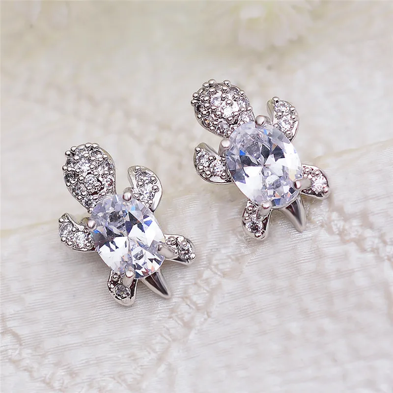 

Cute Female Small Turtle Animal Earring Classic Silver Color Crystal Stud Earrings Fashion White Zircon Stone Earrings For Women