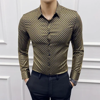 

Gold Casual Shirt Men Long Sleeve Slim Fit Shirts Mens Luxury Stripe Formal Business Dress Shirt Streetwear Social Clothes M-4XL