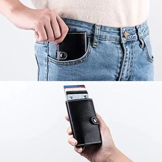 

Safevault Rfid Protected Wallet Card Case Gemeer RFID Credit Car Holder Anti-Theft Automatic Wallet Men Mini Leather Male Purse