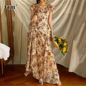 

VGH Elegant Print Women Dress V Neck Butterfly Short Sleeve High Waist Patchwork Ruffles Hit Color Chiffon Dresses Female Tide