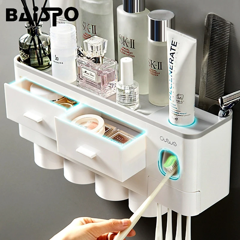 

BAISPO Magnetic Adsorption Toothbrush Holder Automatic Toothpaste Dispenser Plastic Wall Mount Storage Rack Bathroom Accessories