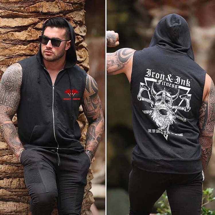 

Muscle Fitness Sports Vest Men's Autumn New Arrival Europe And America Running Training Sleeveless Hooded Vest Fitness Clothing