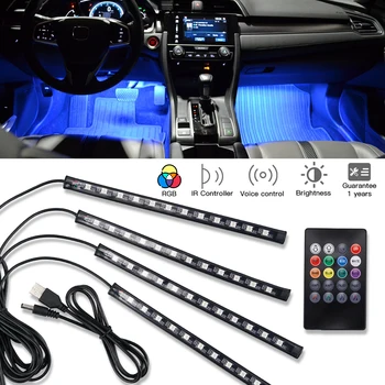 

Car Auto Remote/Voice Control Interior Floor Decorative Flexible LED Strip Atmosphere Lamp 48 LED 8 RGB Color USB Power Cable