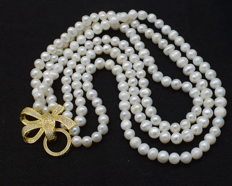 

Natural zircon clasp 3rows freshwater white pearl near round 7-8mm necklace 18-20" nature beads