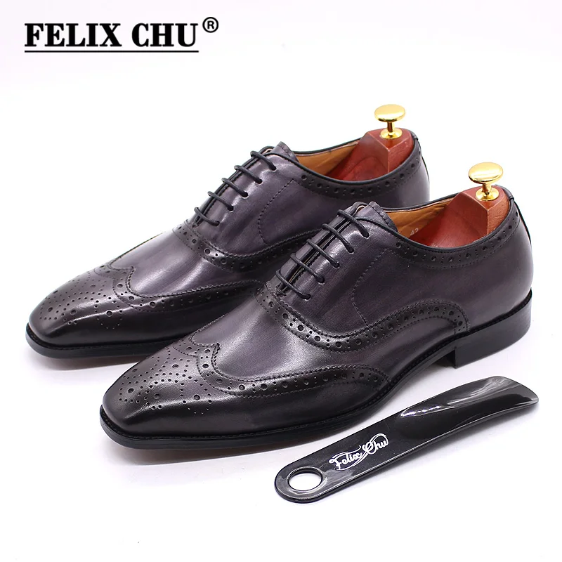 Size 7-13 Handmade Mens Wingtip Oxford Shoes Grey Genuine Leather Brogue Men's Dress Shoes Classic Business Formal Shoes for Men